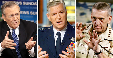 Defense Secretary Donald H. Rumsfeld, TV appearance, Gen. Richard B. Myers, chairman of the Joint Chiefs of Staff, and Gen. Tommy R. Franks, commander of coalition forces, press conference, March 30, 2003.